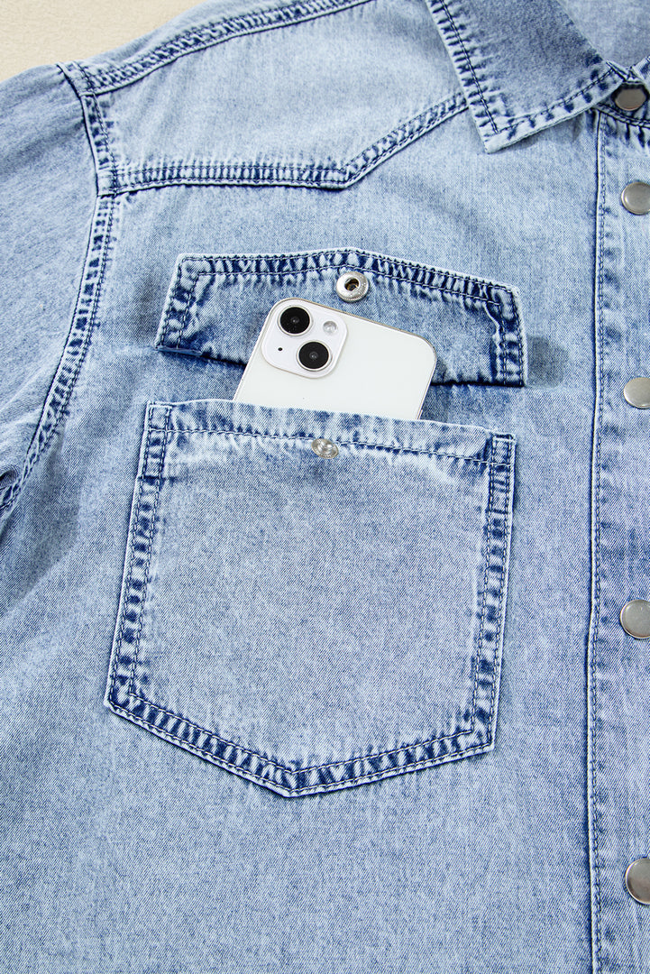 Beau Blue Chest Pocket Raw Hem Denim Loose Shirt Dress