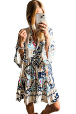 Load image into Gallery viewer, White Printed Tribal Bracelet Sleeve Buttoned Mini Dress - Fashion Queen
