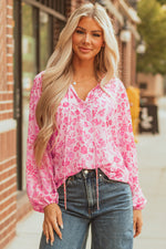 Load image into Gallery viewer, Pink Floral Puff Sleeve Split Neck Lightweight Blouse