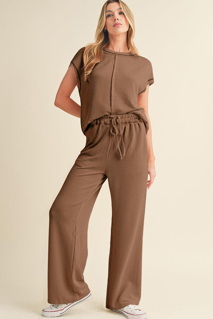 Blackish Green Solid Color Corded Short Sleeve Top and Casual Pants Set