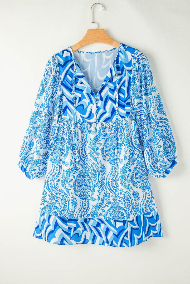 Rose Bohemian Print Puff Sleeve Tied V Neck Flared Mini Dress - Fashion Queen
