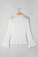Load image into Gallery viewer, White Sheer Lace Bell Sleeve Mock Neck Blouse - Fashion Queen - 5