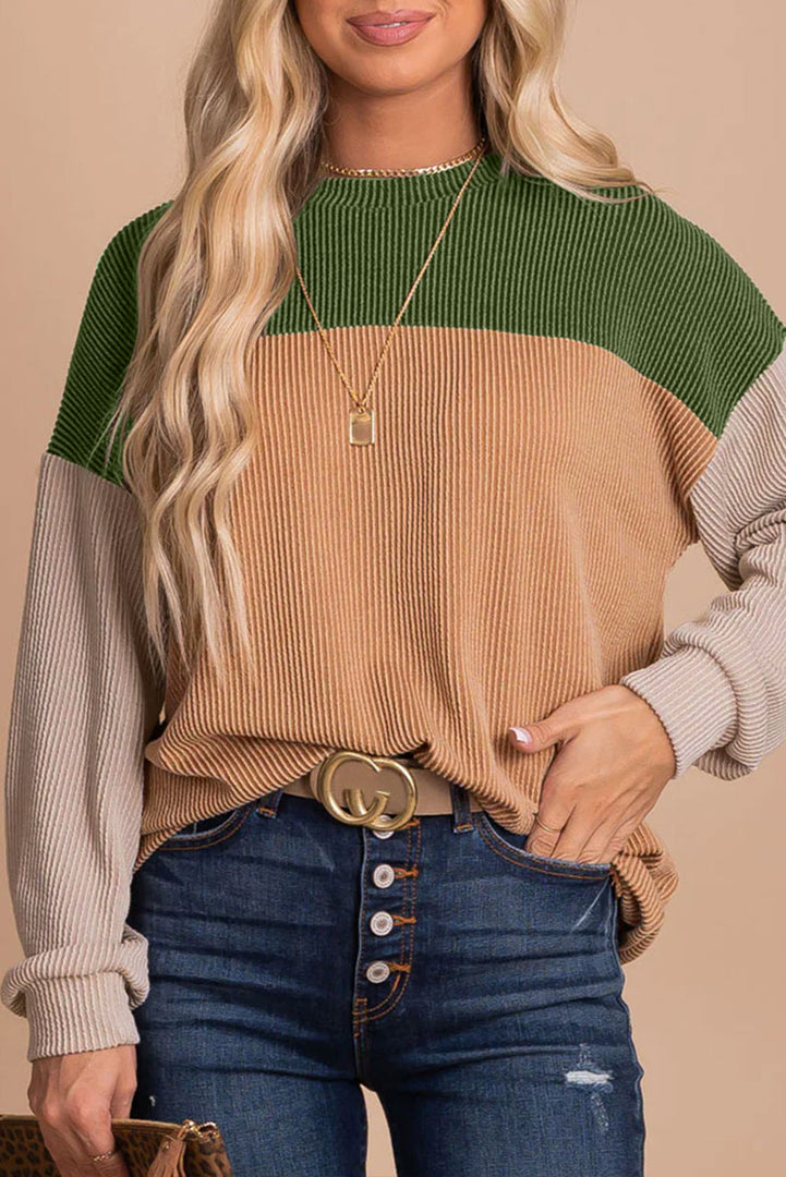 Multicolor Color Block Long Sleeve Ribbed Loose Top
