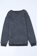 Load image into Gallery viewer, Black Solid Ribbed Knit Round Neck Pullover Sweatshirt - Fashion Queen