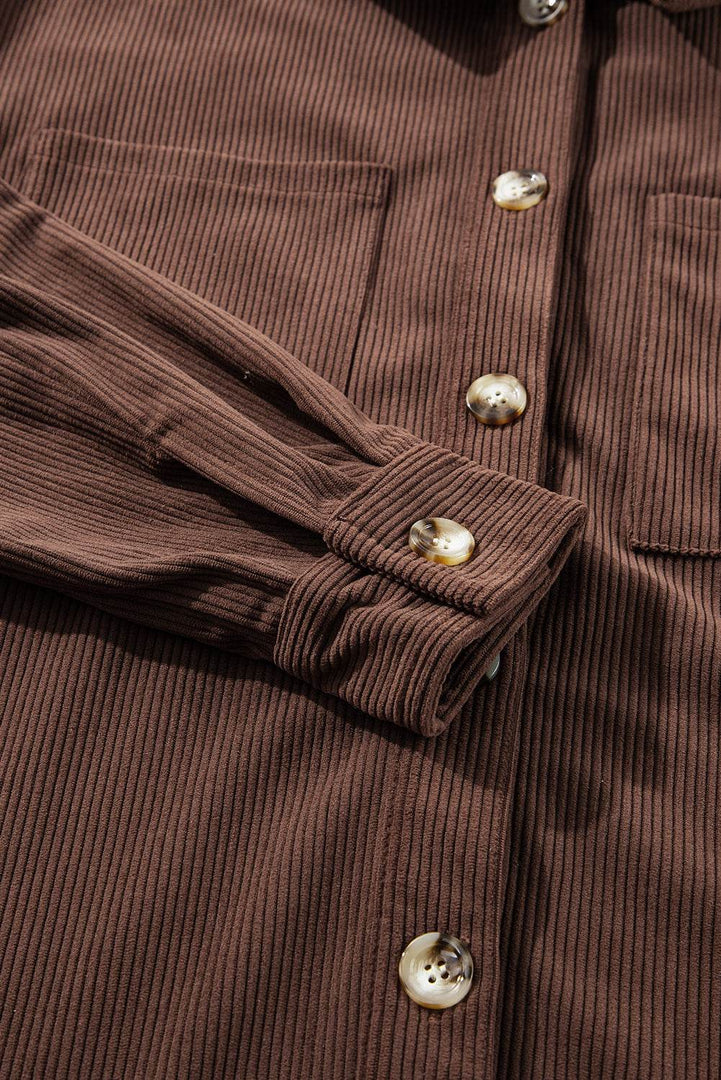 Black Hooded Drawstring Pockets Corduroy Shacket - Fashion Queen