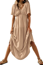 Load image into Gallery viewer, Green Textured V Neck Flutter Sleeve Ruffled Maxi Dress - Fashion Queen