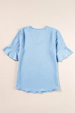 Load image into Gallery viewer, Peach Blossom Ruffled Half Sleeve V Neck Textured Top - Fashion Queen