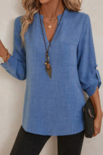 Load image into Gallery viewer, Ashleigh Blue Solid Color Notched V Neck Roll up 3/4 Sleeve Blouse