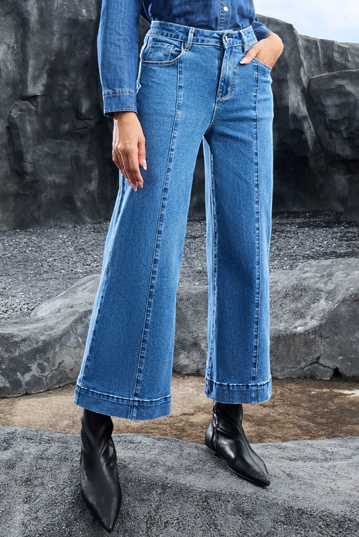 Dark Blue Plain Seam Detail Flared Bottom Ankle Length Jeans - Fashion Queen -  16