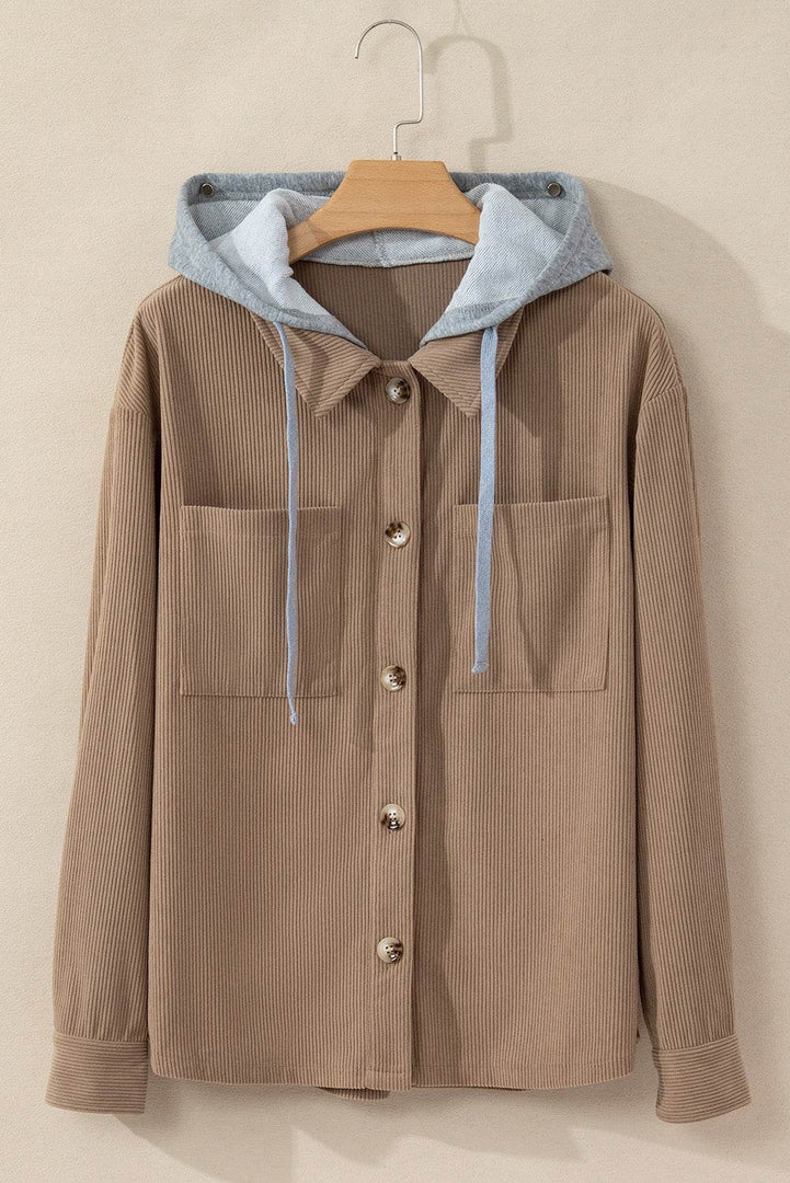 Black Hooded Drawstring Pockets Corduroy Shacket - Fashion Queen