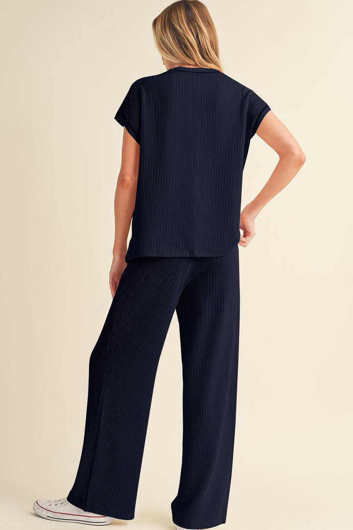 Blackish Green Solid Color Corded Short Sleeve Top and Casual Pants Set