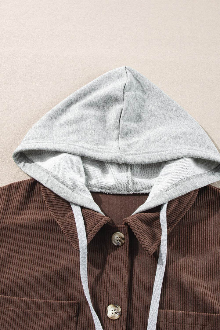 Black Hooded Drawstring Pockets Corduroy Shacket - Fashion Queen