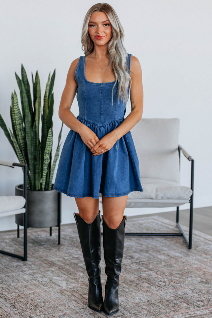 Sail Blue Square Neck Bowknot A-line Sleeveless Denim Dress - Fashion Queen -  6