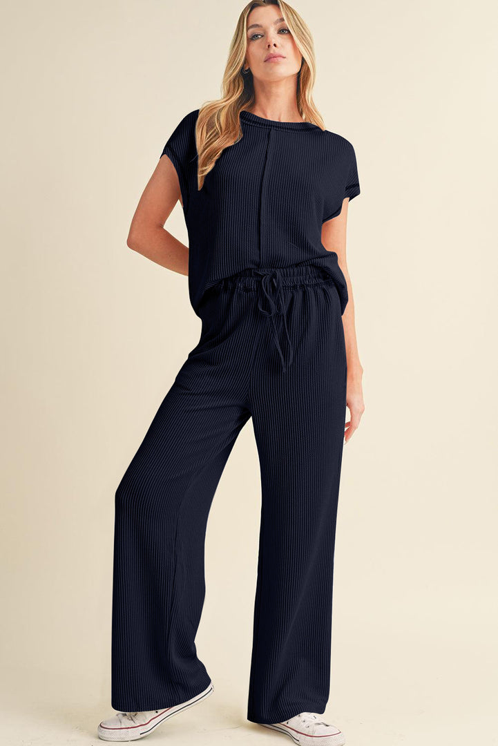 Blackish Green Solid Color Corded Short Sleeve Top and Casual Pants Set