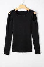 Load image into Gallery viewer, Black Ribbed Knit Cold Shoulder Sweater - Fashion Queen - 5