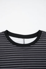 Load image into Gallery viewer, Black Stripe Ruffled Short Sleeve Crew Neck T Shirt Shift Mini Dress - Fashion Queen