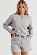 Load image into Gallery viewer, Black Textured Long Sleeve Top and Drawstring Shorts Set - Fashion Queen