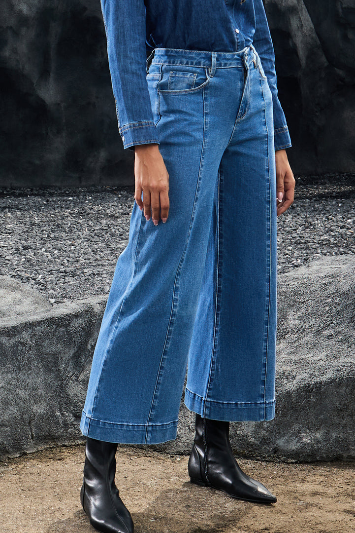 Dark Blue Plain Seam Detail Flared Bottom Ankle Length Jeans - Fashion Queen -  8