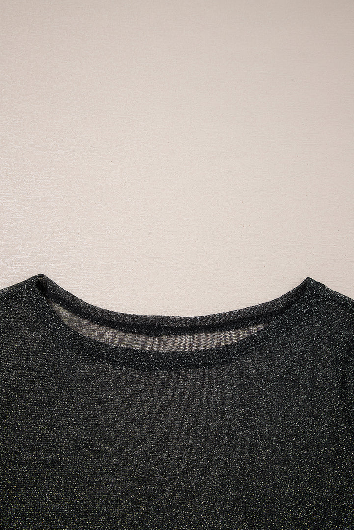 Black Metallic Glitter Mesh Long Sleeve Top - Fashion Queen -  6
