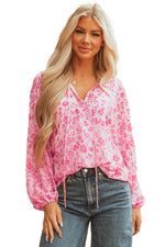 Load image into Gallery viewer, Pink Floral Puff Sleeve Split Neck Lightweight Blouse