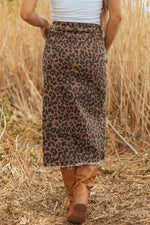 Load image into Gallery viewer, Brown Leopard Denim Frayed Split Denim Midi Skirt