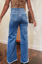 Load image into Gallery viewer, Sail Blue High Waist Button Fly Seamed Raw Hem Flare Jeans