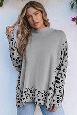 Load image into Gallery viewer, Khaki Leopard High Neck Side Slit Oversized Sweater