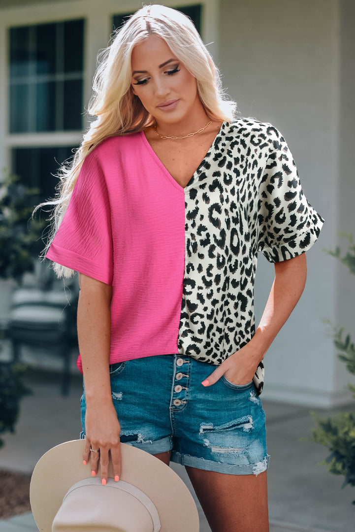 Khaki Contrast Leopard Color Block Blouse