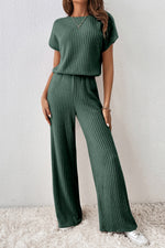 Load image into Gallery viewer, Mist Green Ribbed Keyhole Short Sleeve Wide Leg Jumpsuit - Fashion Queen - 3