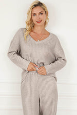 Load image into Gallery viewer, Black Ribbed Knit V Neck Slouchy Two-piece Outfit - Fashion Queen