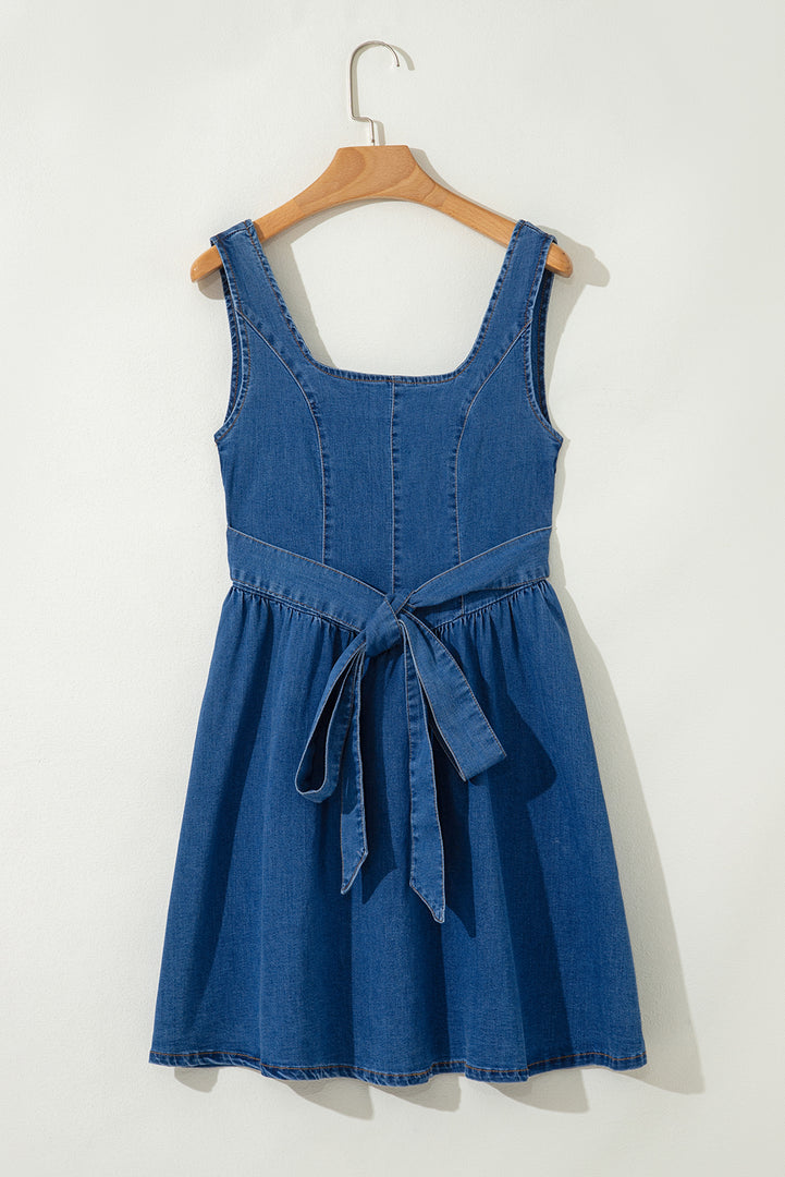 Sail Blue Square Neck Bowknot A-line Sleeveless Denim Dress - Fashion Queen -  8