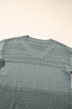 Load image into Gallery viewer, Black Eyelet Pattern Detail V Neck Drop Shoulder Sweater - Fashion Queen