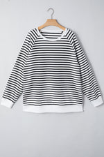 Load image into Gallery viewer, Black Stripe Raglan Sleeve Side Slits Loose Sweatshirt - Fashion Queen - 4