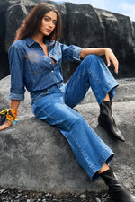 Load image into Gallery viewer, Dark Blue Plain Seam Detail Flared Bottom Ankle Length Jeans - Fashion Queen -  12