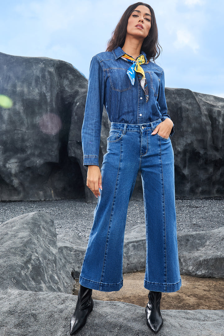 Dark Blue Plain Seam Detail Flared Bottom Ankle Length Jeans - Fashion Queen -  15