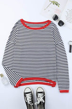 Load image into Gallery viewer, Fiery Red Contrast Trimmed Striped Drop Shoulder Sweater - Fashion Queen