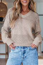 Load image into Gallery viewer, Black Eyelet Pattern Detail V Neck Drop Shoulder Sweater - Fashion Queen