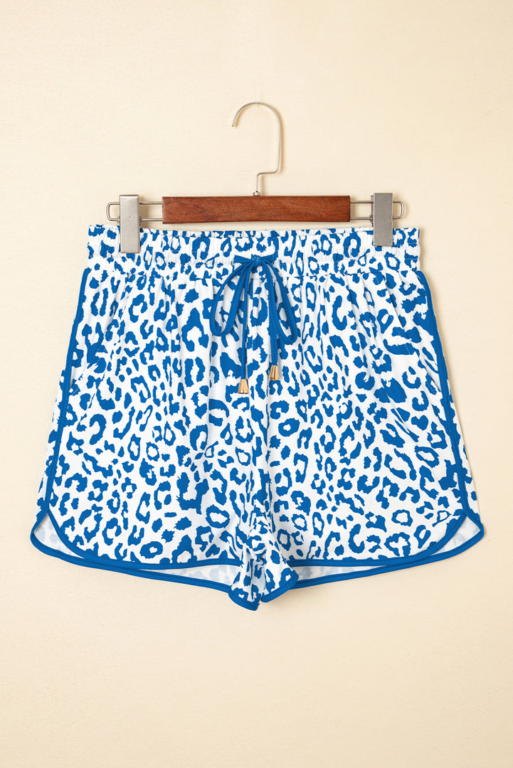 Pink Leopard Elastic Waist Lace up Contrast Trim Casual Shorts