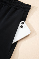 Load image into Gallery viewer, Black Button Drawstring Hooded Pullover and Casual Short Set