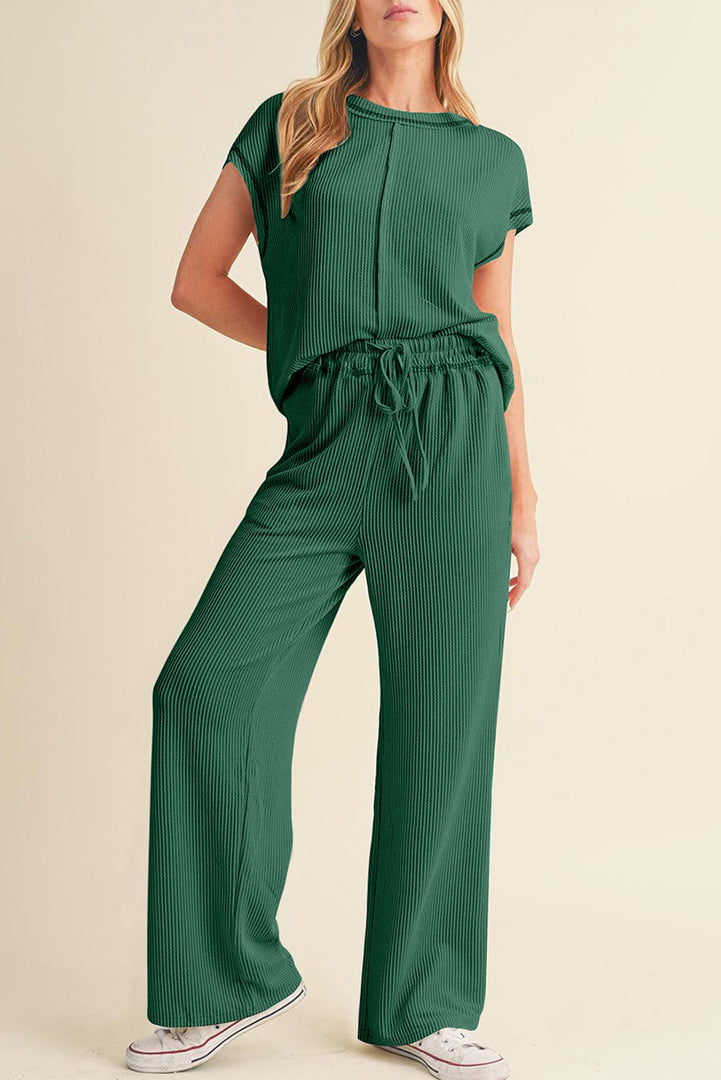 Blackish Green Solid Color Corded Short Sleeve Top and Casual Pants Set
