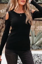 Load image into Gallery viewer, Black Ribbed Knit Cold Shoulder Sweater