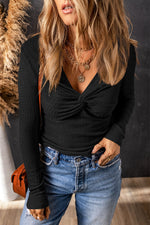 Load image into Gallery viewer, Sky Blue Textured Twist Front V Neck Long Sleeve Slim Solid Color Top - Fashion Queen - 12