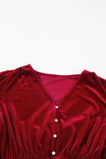 Load image into Gallery viewer, Black Velvet Buttoned Puff Sleeve V Neck Split Midi Dress - Fashion Queen