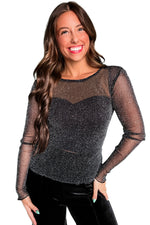 Load image into Gallery viewer, Black Metallic Glitter Mesh Long Sleeve Top