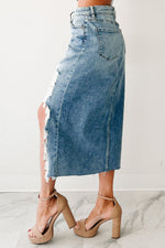 Load image into Gallery viewer, Myosotis Irregular Distressed Bottom Denim Midi Skirt - Fashion Queen - 3
