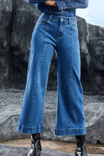 Load image into Gallery viewer, Dark Blue Plain Seam Detail Flared Bottom Ankle Length Jeans - Fashion Queen -  6