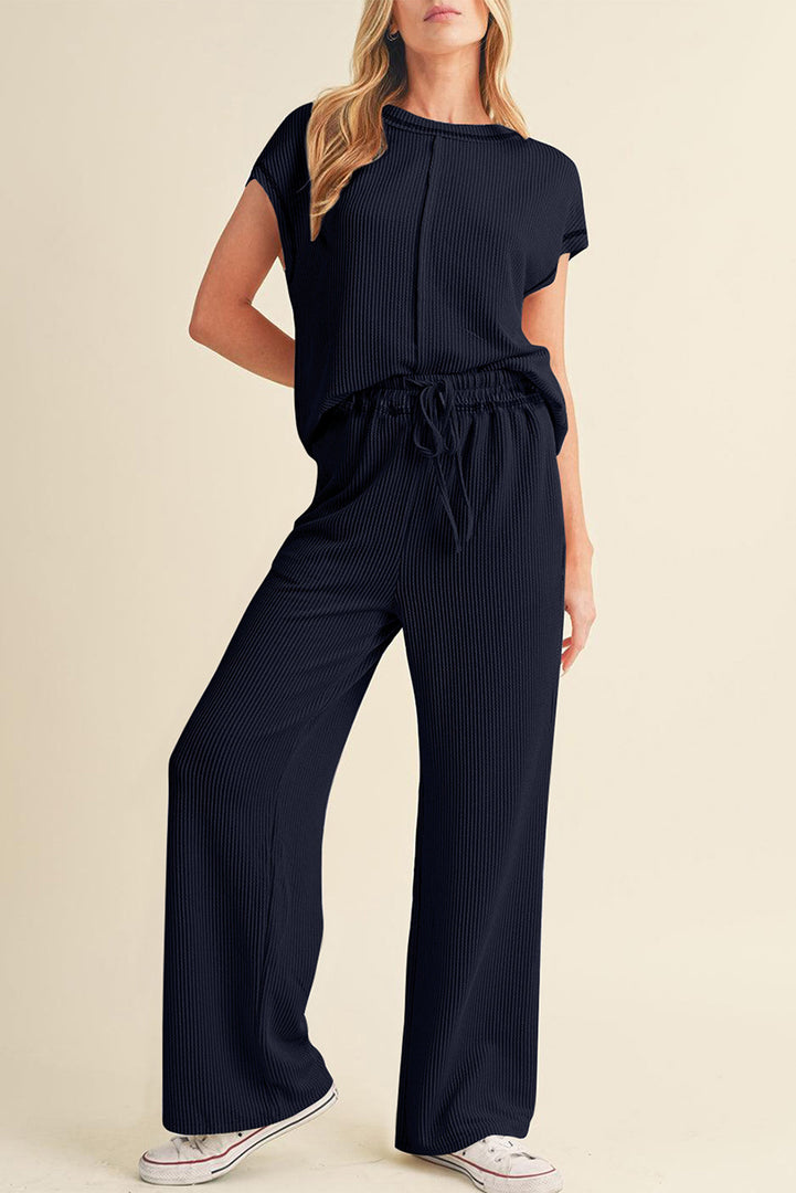 Blackish Green Solid Color Corded Short Sleeve Top and Casual Pants Set