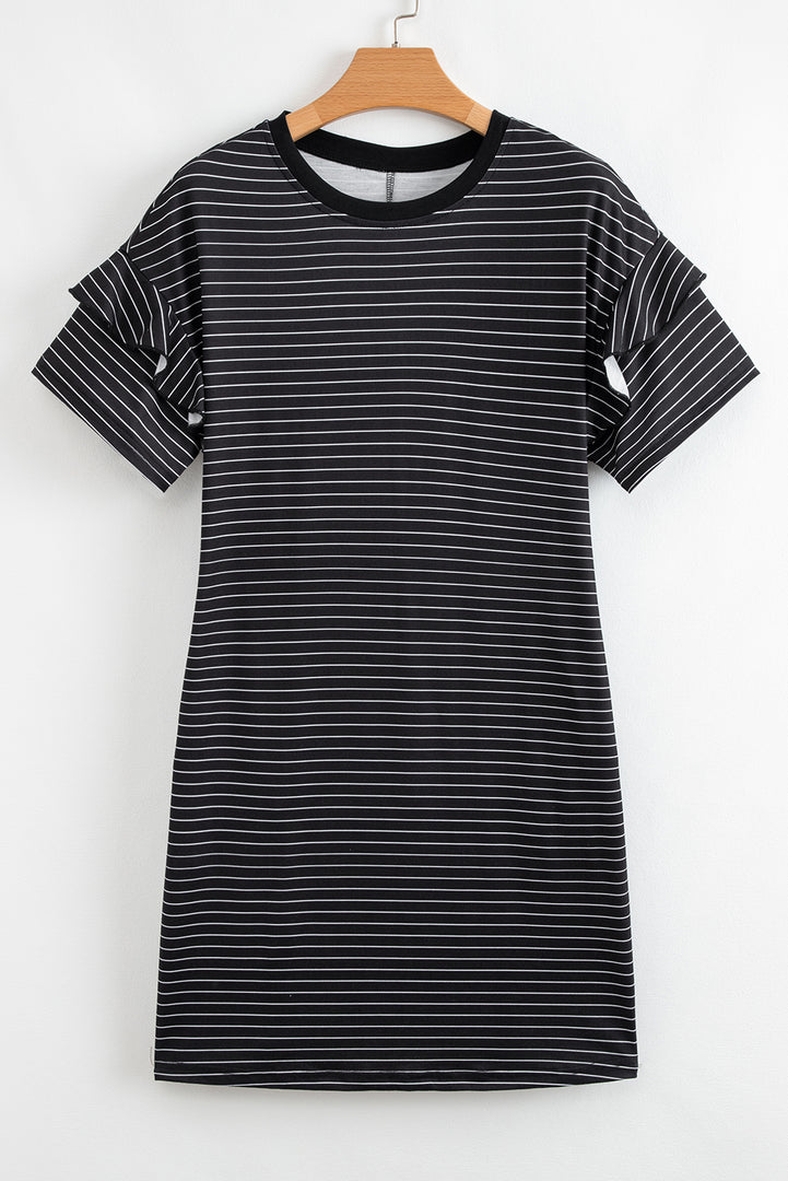 Black Stripe Ruffled Short Sleeve Crew Neck T Shirt Shift Mini Dress