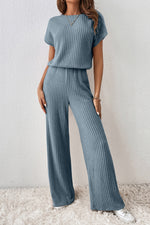 Load image into Gallery viewer, Mist Green Ribbed Keyhole Short Sleeve Wide Leg Jumpsuit - Fashion Queen - 13
