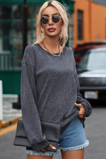 Load image into Gallery viewer, Black Solid Ribbed Knit Round Neck Pullover Sweatshirt - Fashion Queen